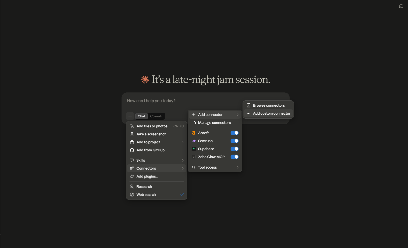 Claude's composer Connectors menu — the sibling setup
