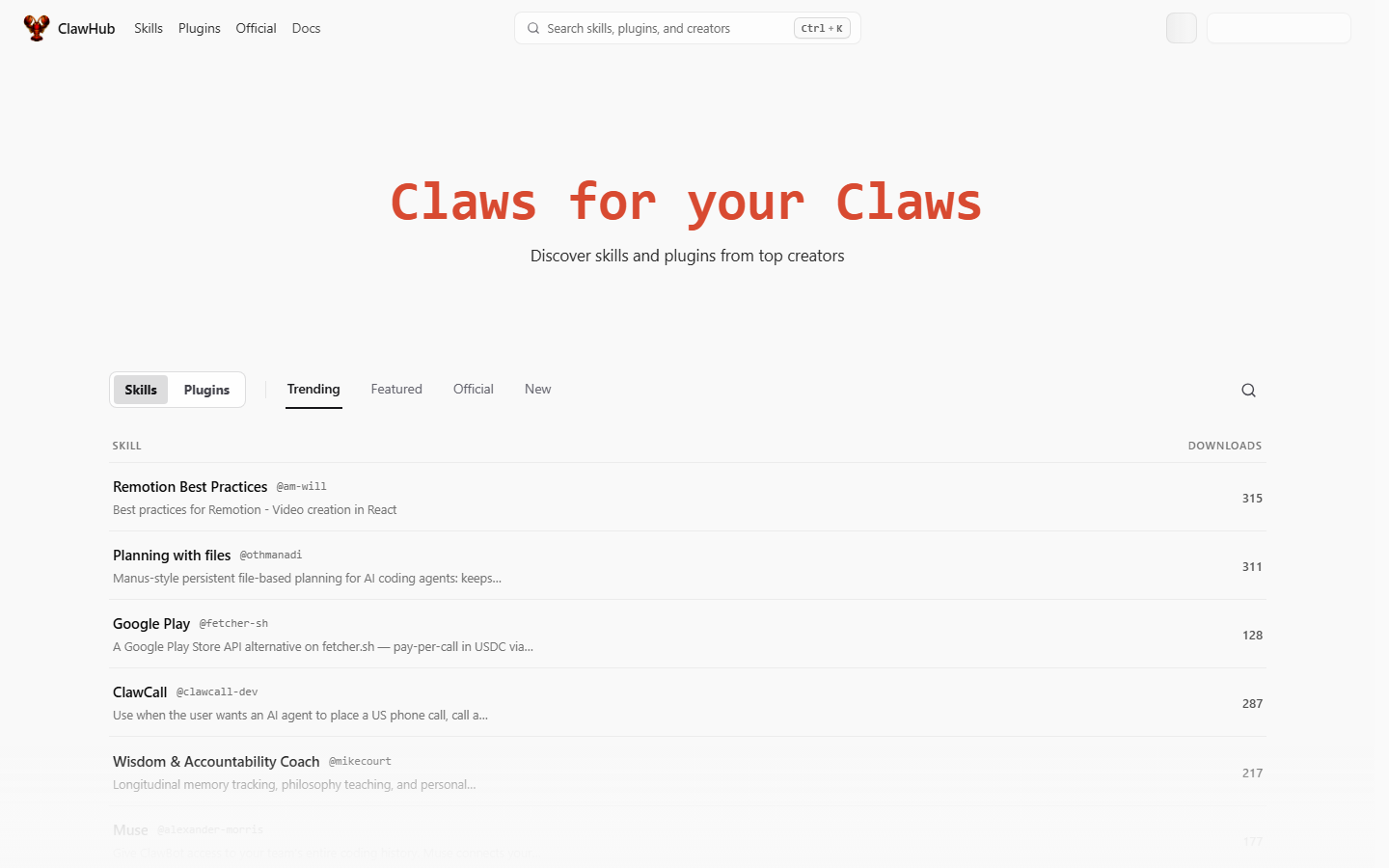 ClawHub homepage at clawhub.ai