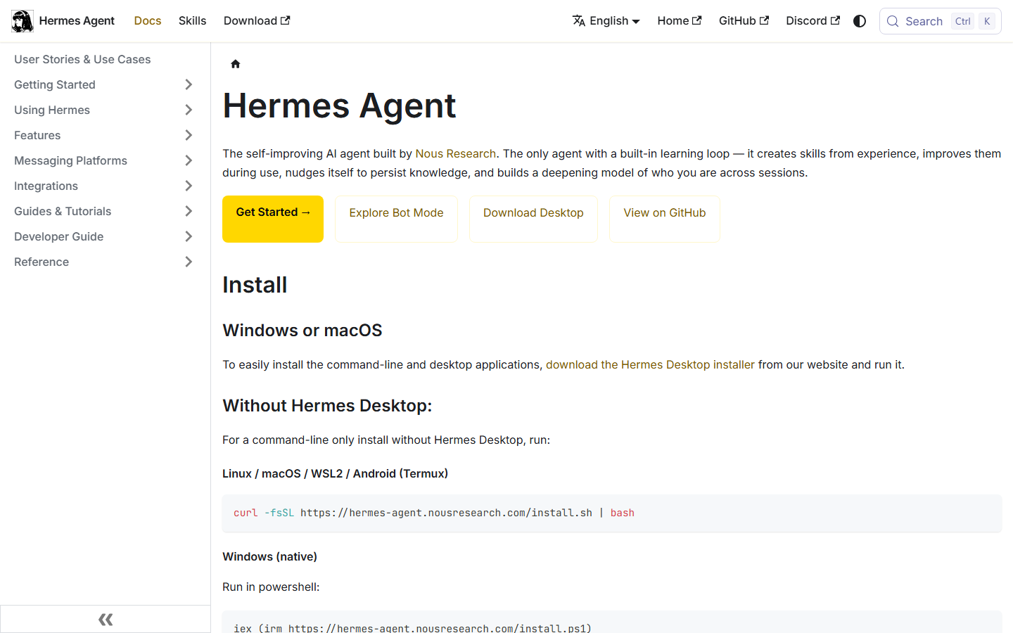 Hermes Agent docs at hermes-agent.nousresearch.com, covering install and the claim that the agent writes skills from experience.
