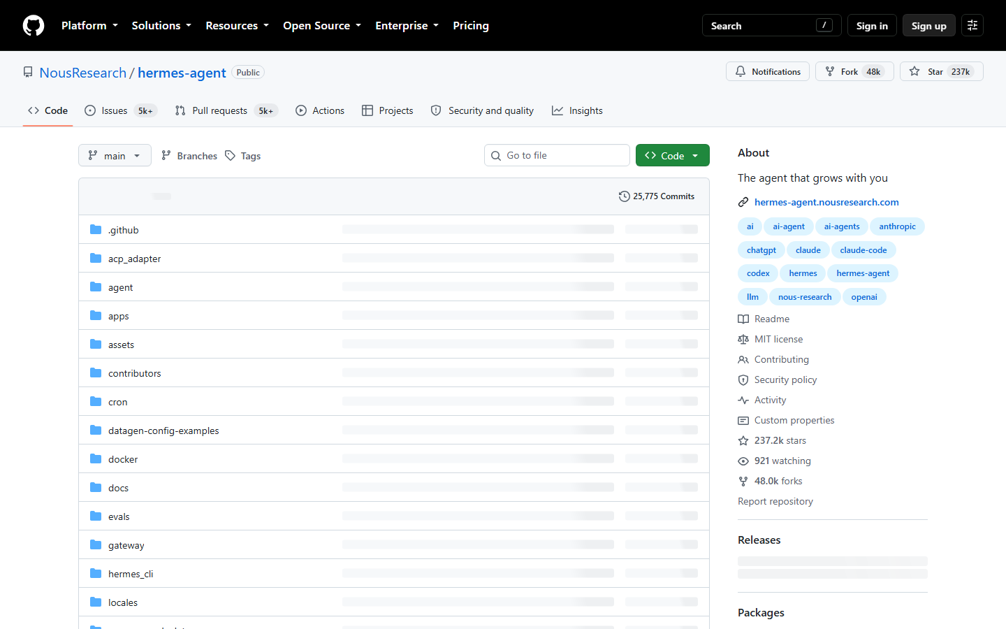 NousResearch/hermes-agent on GitHub — 237k stars, cron/ and docs/ in the tree.