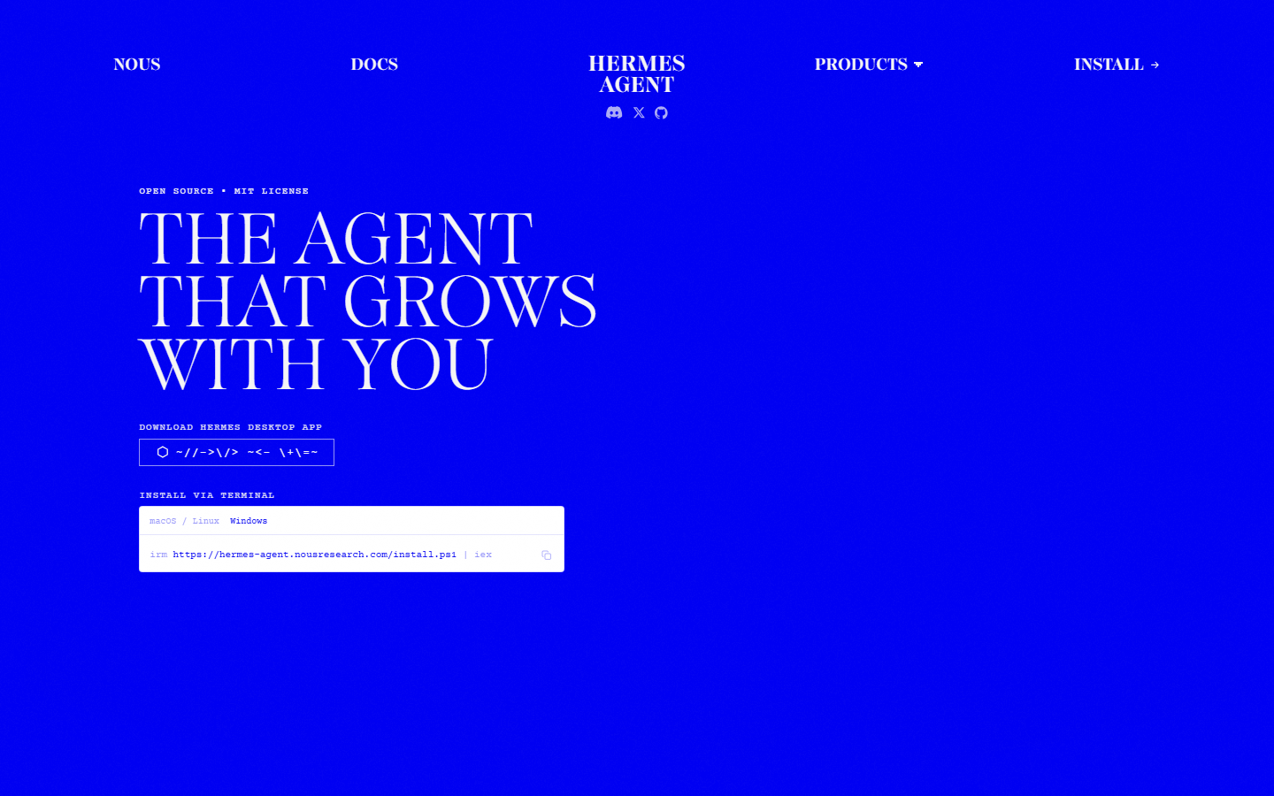 Hermes Agent homepage at hermes-agent.nousresearch.com — "The agent that grows with you," including cron you must not aim at publish_now.