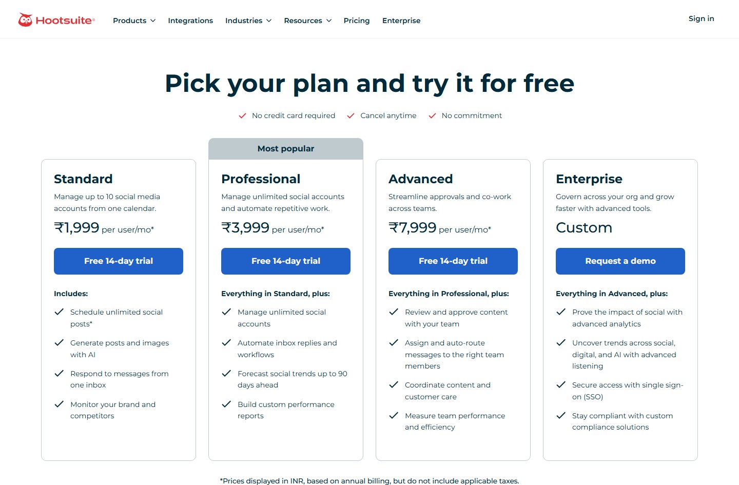 Hootsuite plans page