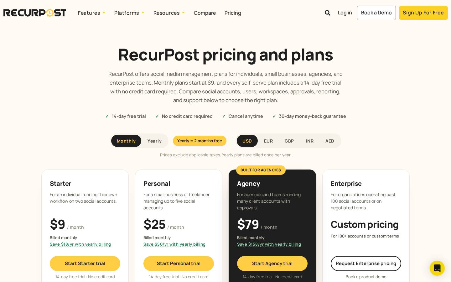RecurPost pricing page