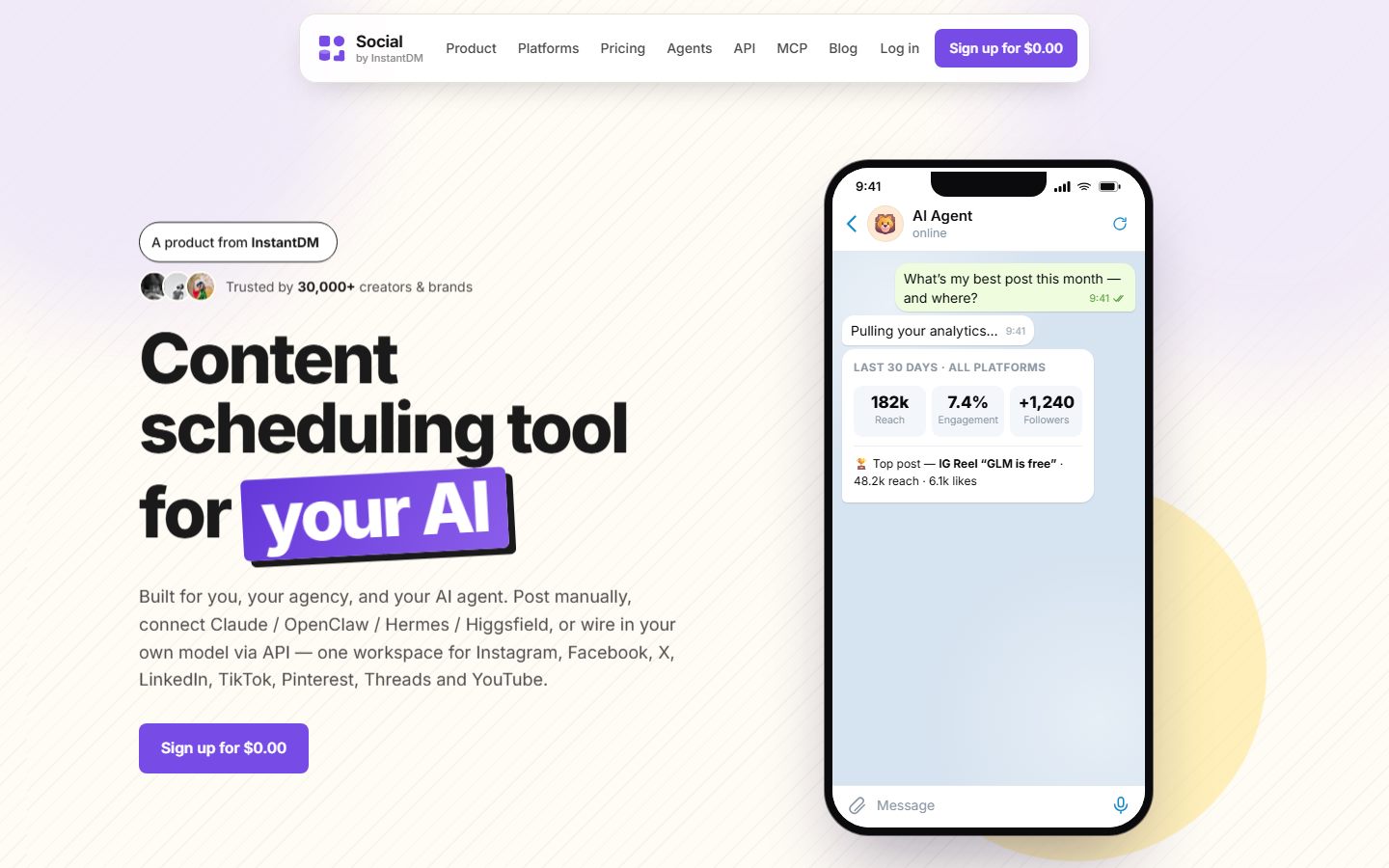 Social by InstantDM 2026 dashboard — the calendar drafts land in, not in the model's head.