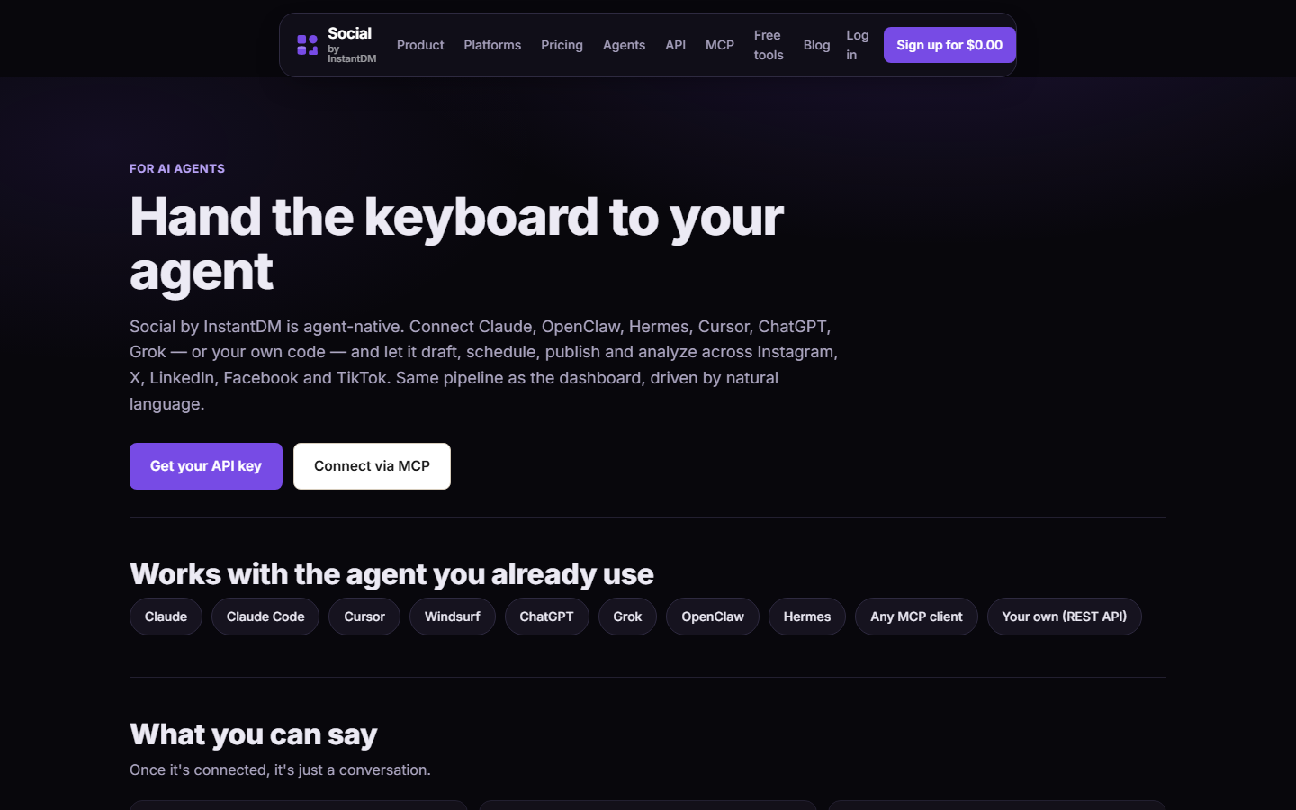 Social by InstantDM agents page — OpenClaw, Hermes, Claude, ChatGPT as clients of the same calendar.