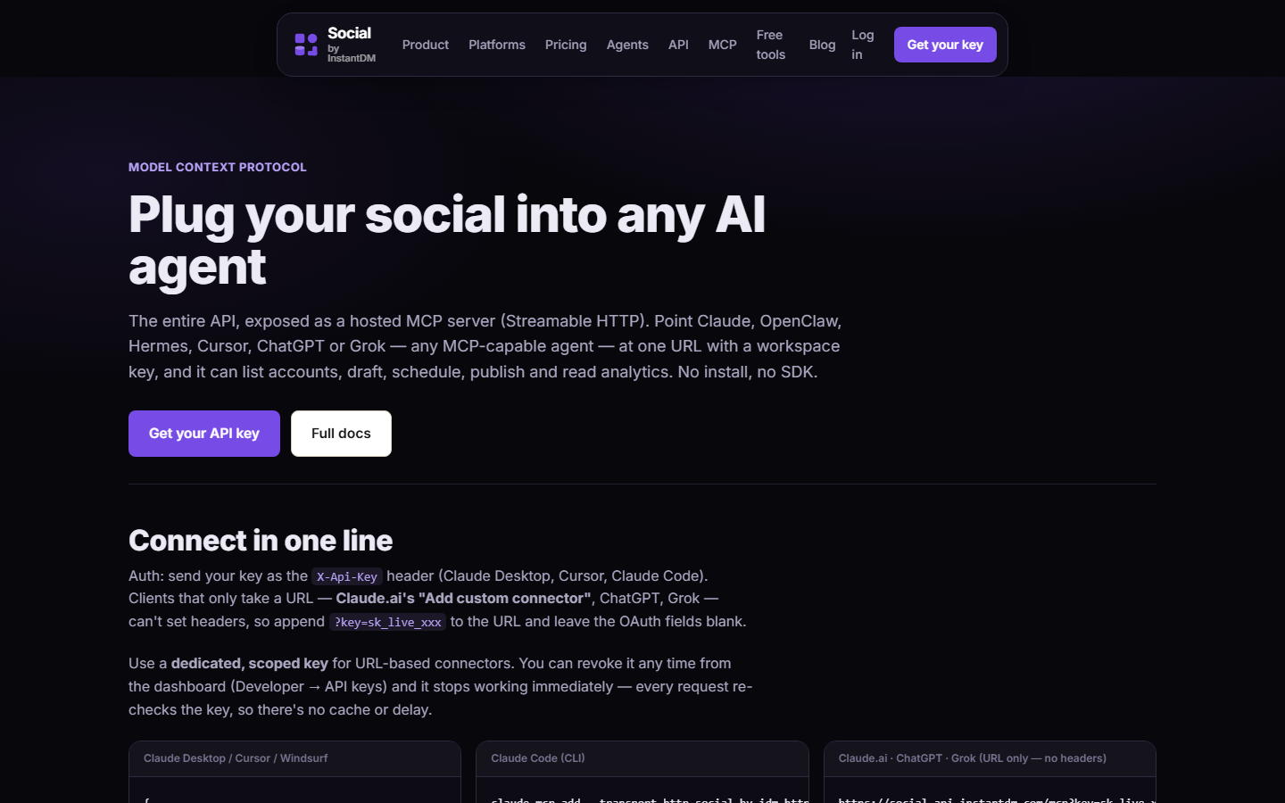 Social by InstantDM MCP page — "Plug your social into any AI agent" at socialbyidm.com/mcp.