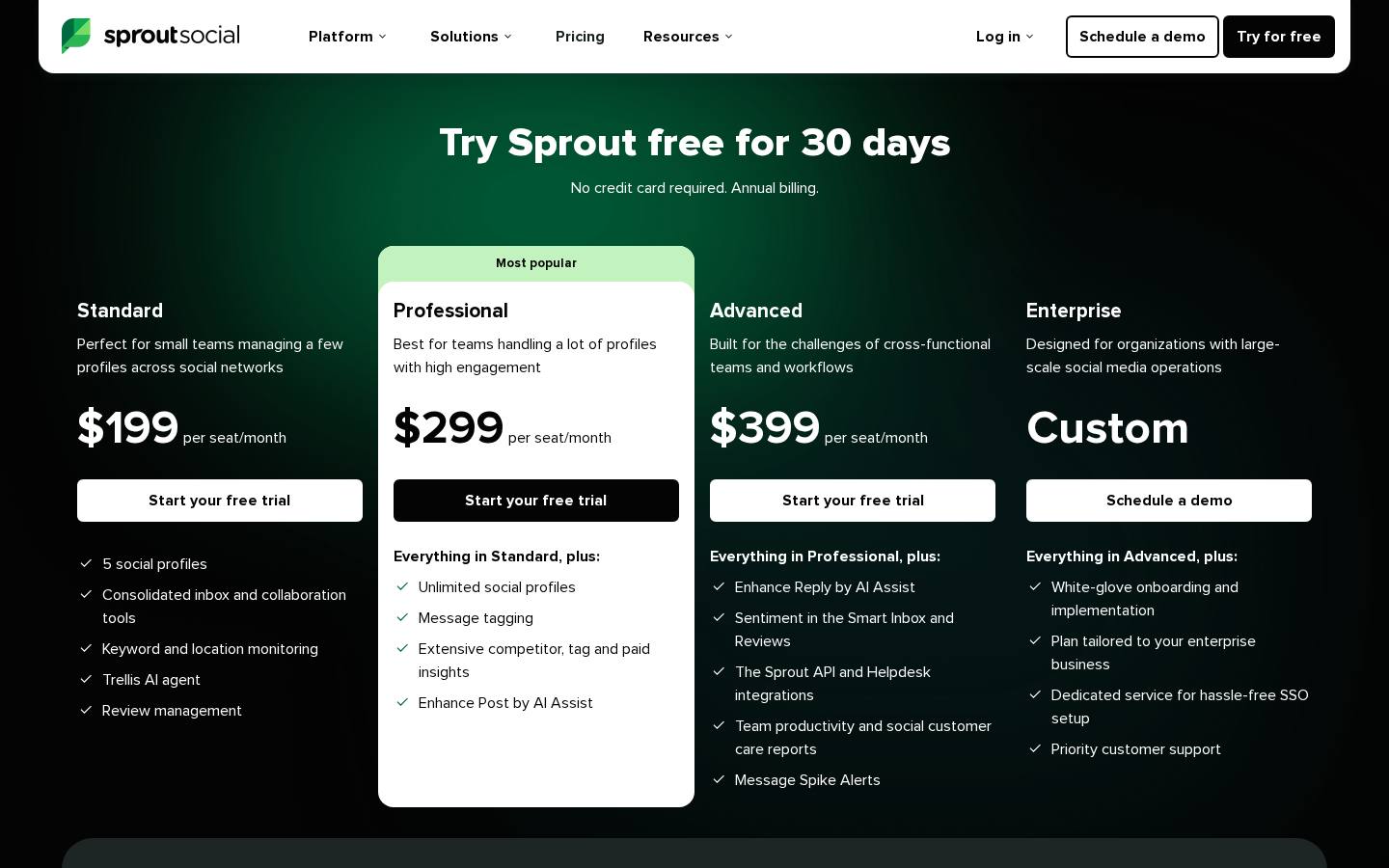 Sprout Social pricing page