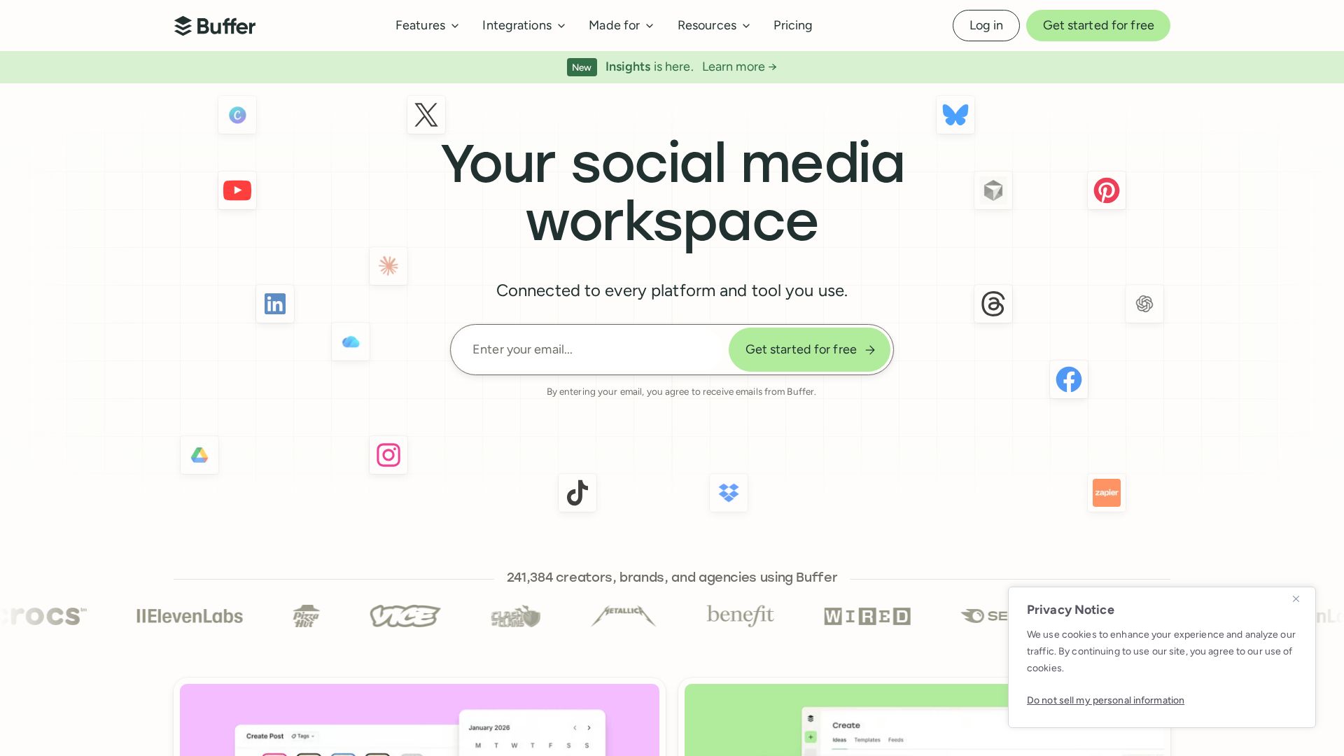 Buffer social media scheduling tool landing page