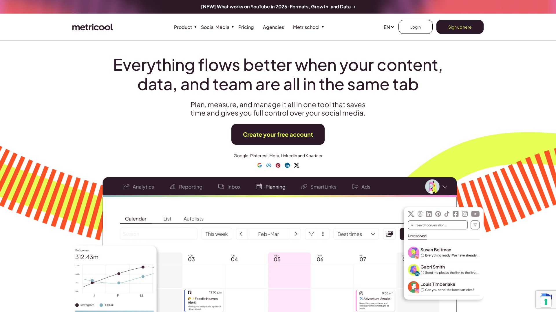 Metricool social media analytics landing page