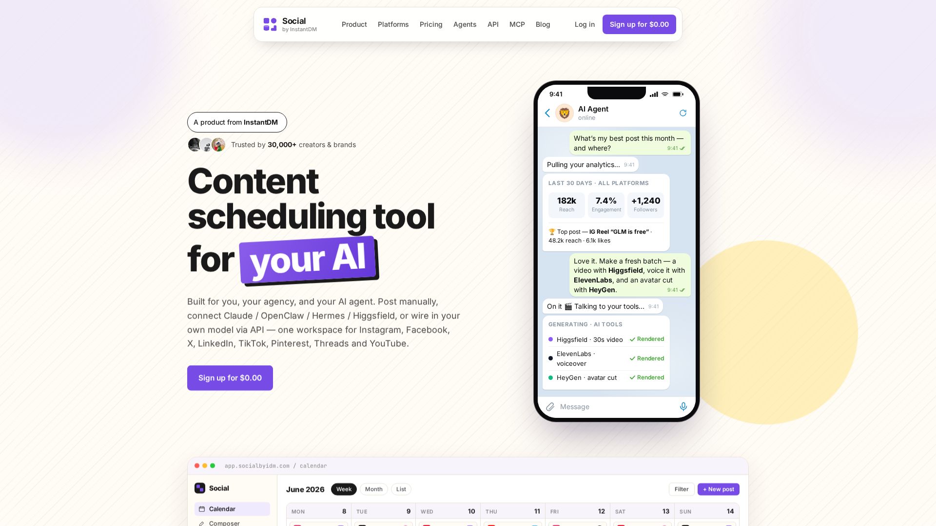 Social by InstantDM AI-powered scheduling landing page