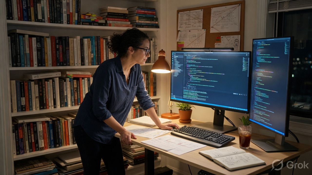 A dual-monitor research desk with a terminal glow, used as a stand-in for a self-hosted agent runtime